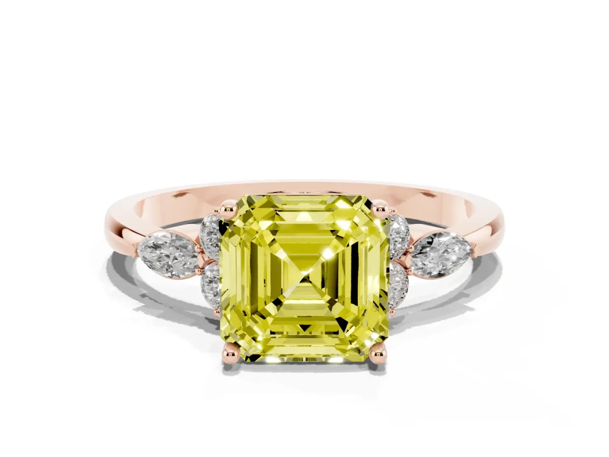 Fancy Yellow Asscher Cut Brilliant Diamond Solitaire Ring with Pear Side Stones and Four-Prong Setting Rose gold
