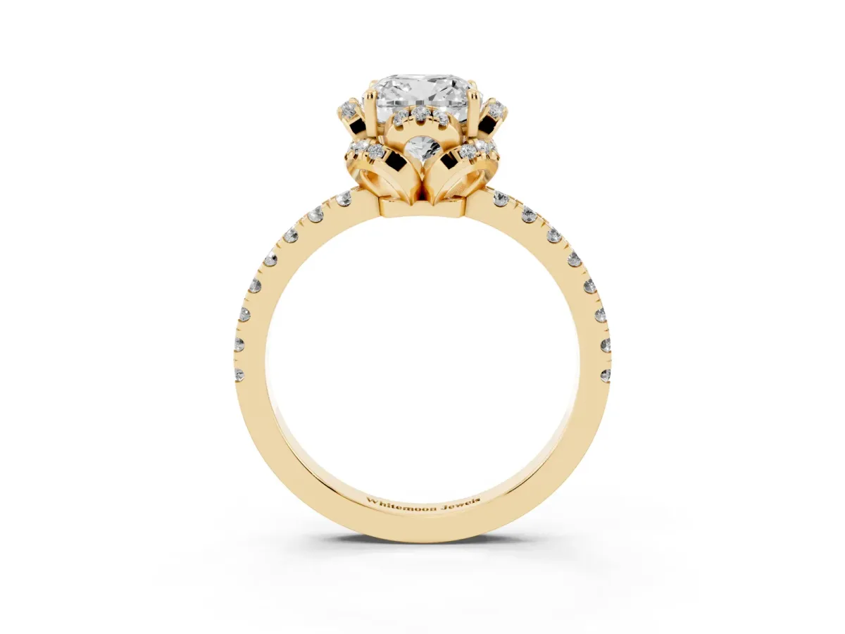 Cushion Cut Diamond Halo Pave Band with Four-Prong Setting Yellow gold