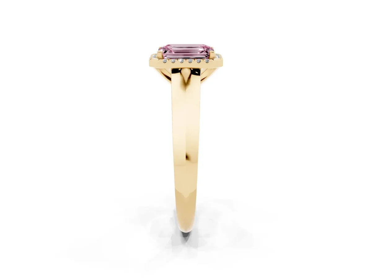 Fancy Pink Emerald Cut Halo Diamond Ring with Cathedral Band and Four-Prong Setting Yellow gold