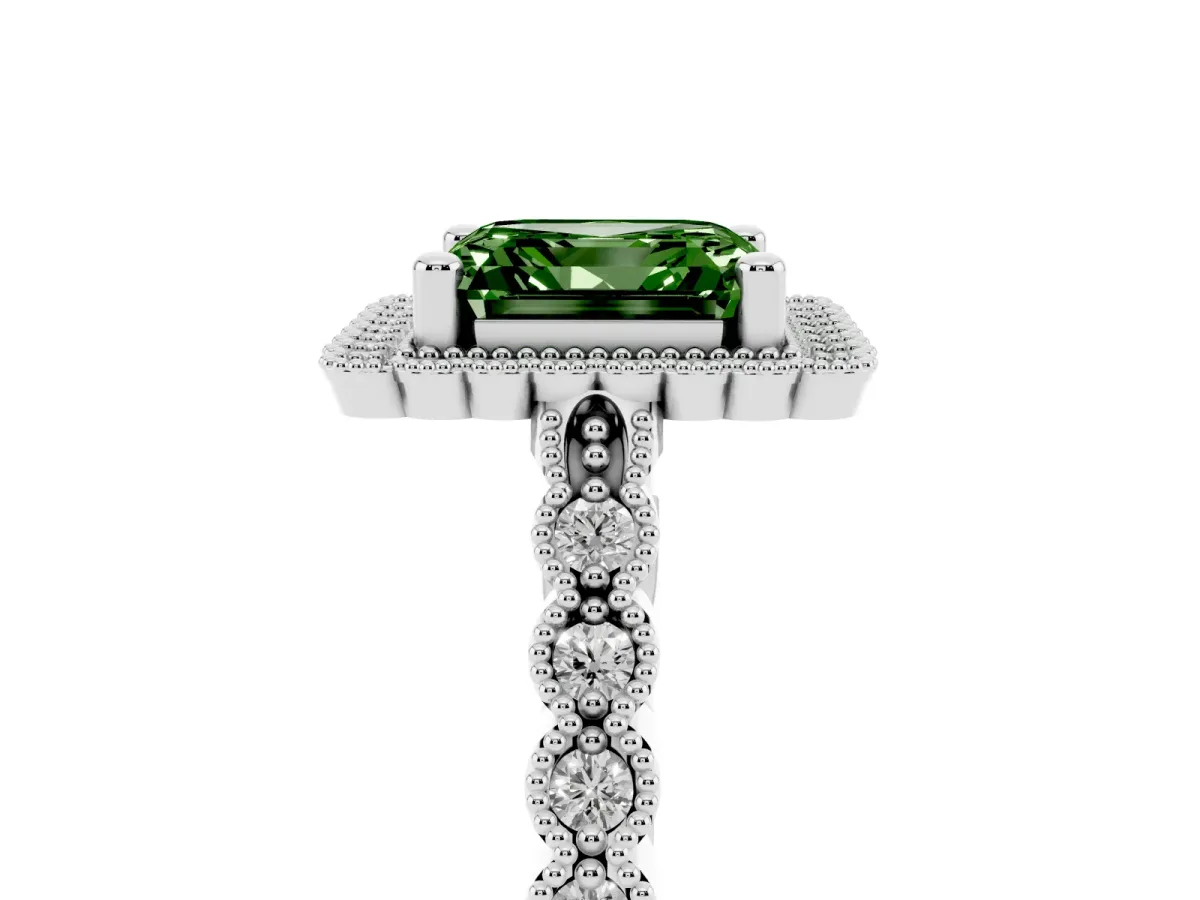 Fancy Green Asscher Cut Cut Halo Pavé Solitaire Ring with Milgrain Band Silver