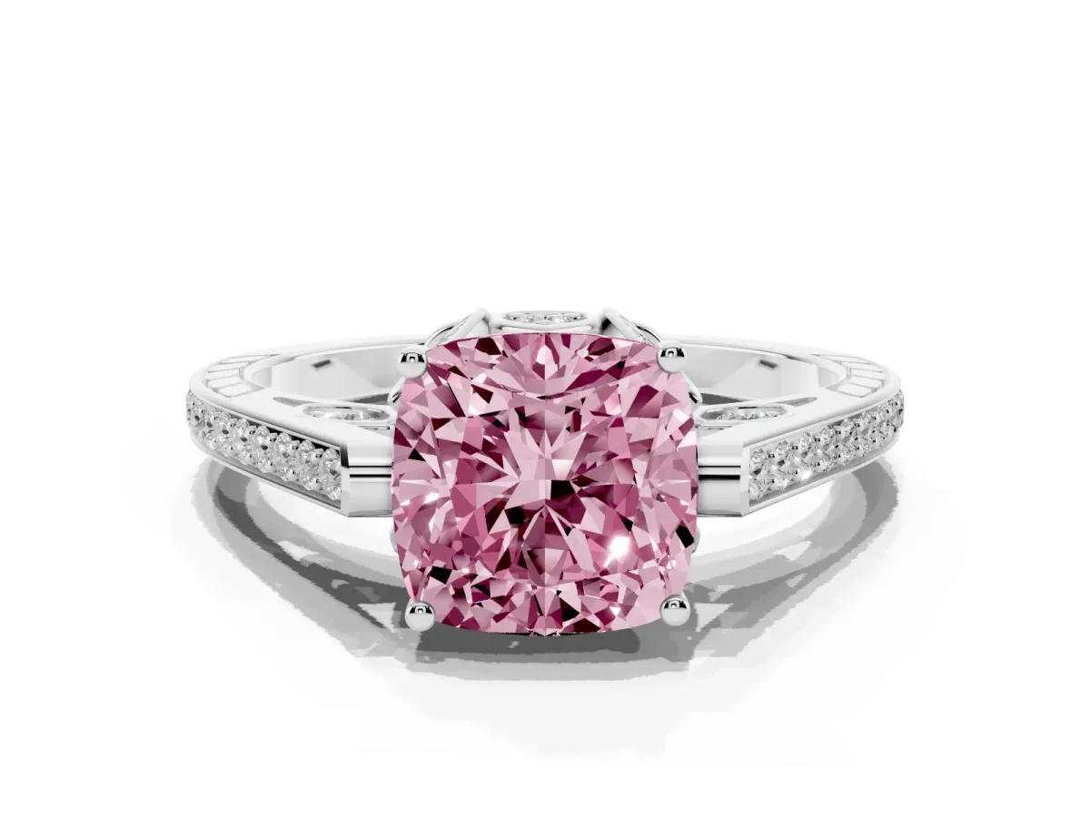 Fancy Pink Cushion Cut Cut Cathedral Pave Diamond Engagement Ring with Six-Prong Setting Silver