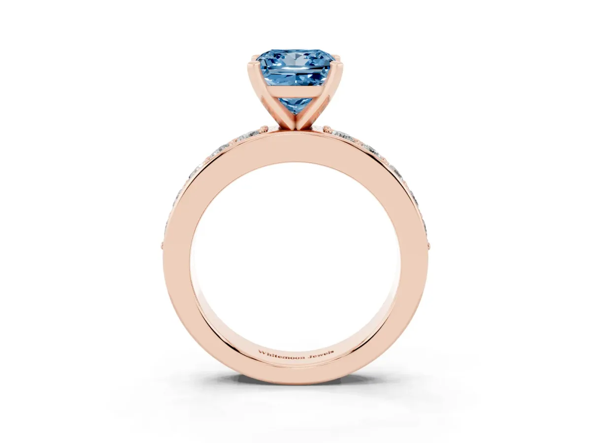 Fancy Blue Princess Cut Diamond Engagement Ring with Channel Set Round Band and Prong Setting Rose gold