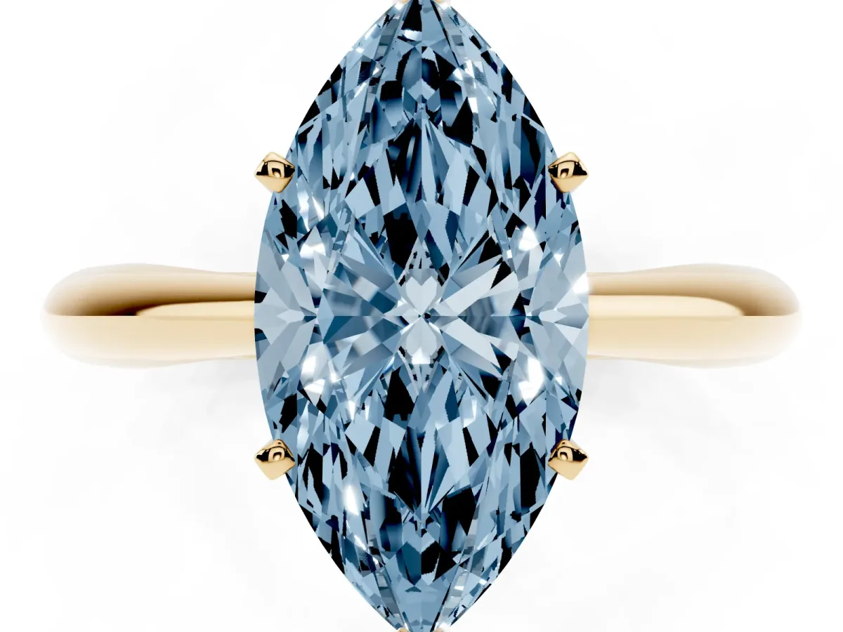 Fancy Blue Marquise Cut Diamond Solitaire Engagement Ring with Cathedral Setting and Four-Prong Mount Yellow gold