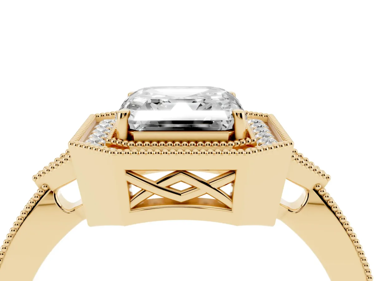 Asscher Cut Halo Round Diamond Milgrain Pave Engagement Ring Yellow gold