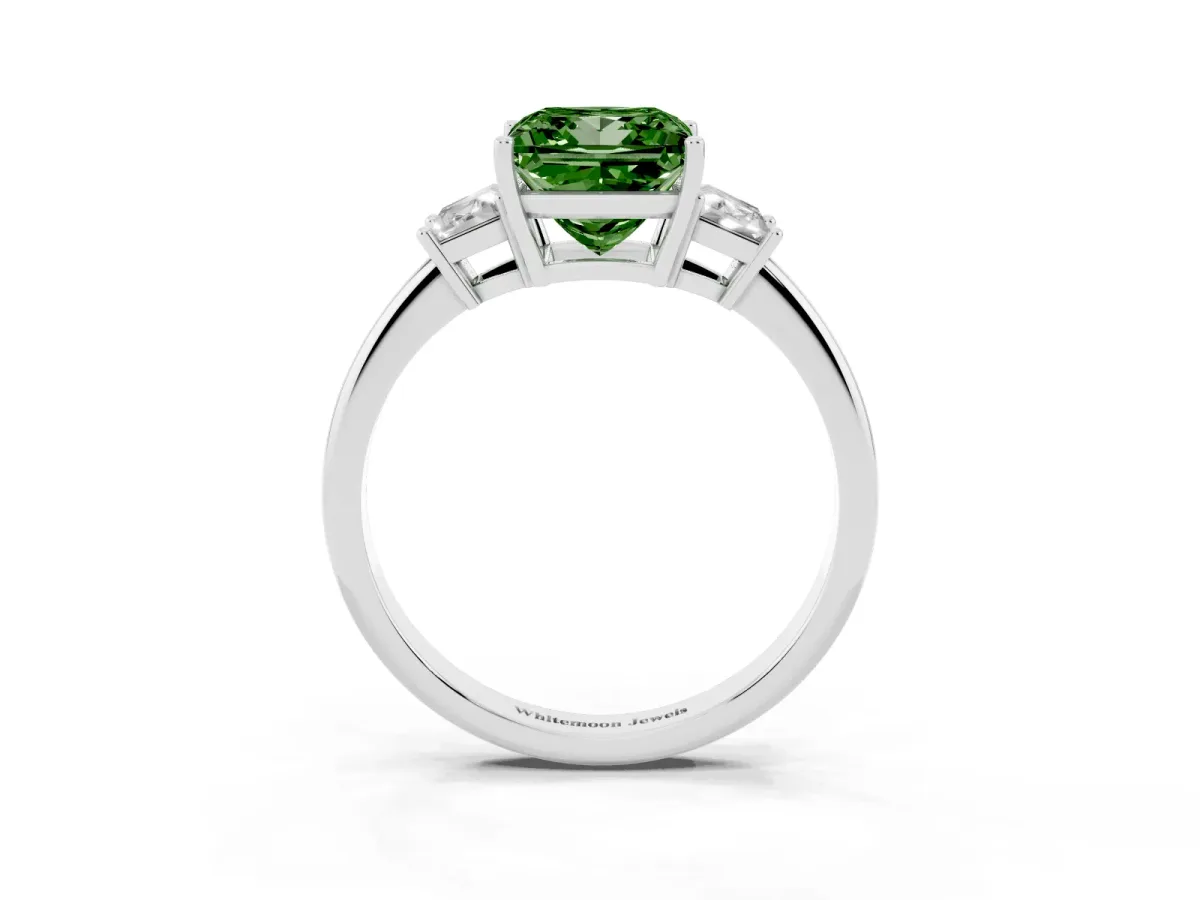 Fancy Green Princess Cut Diamond Three-Stone Ring with Trapezoid Side Stones and Prong Setting Silver