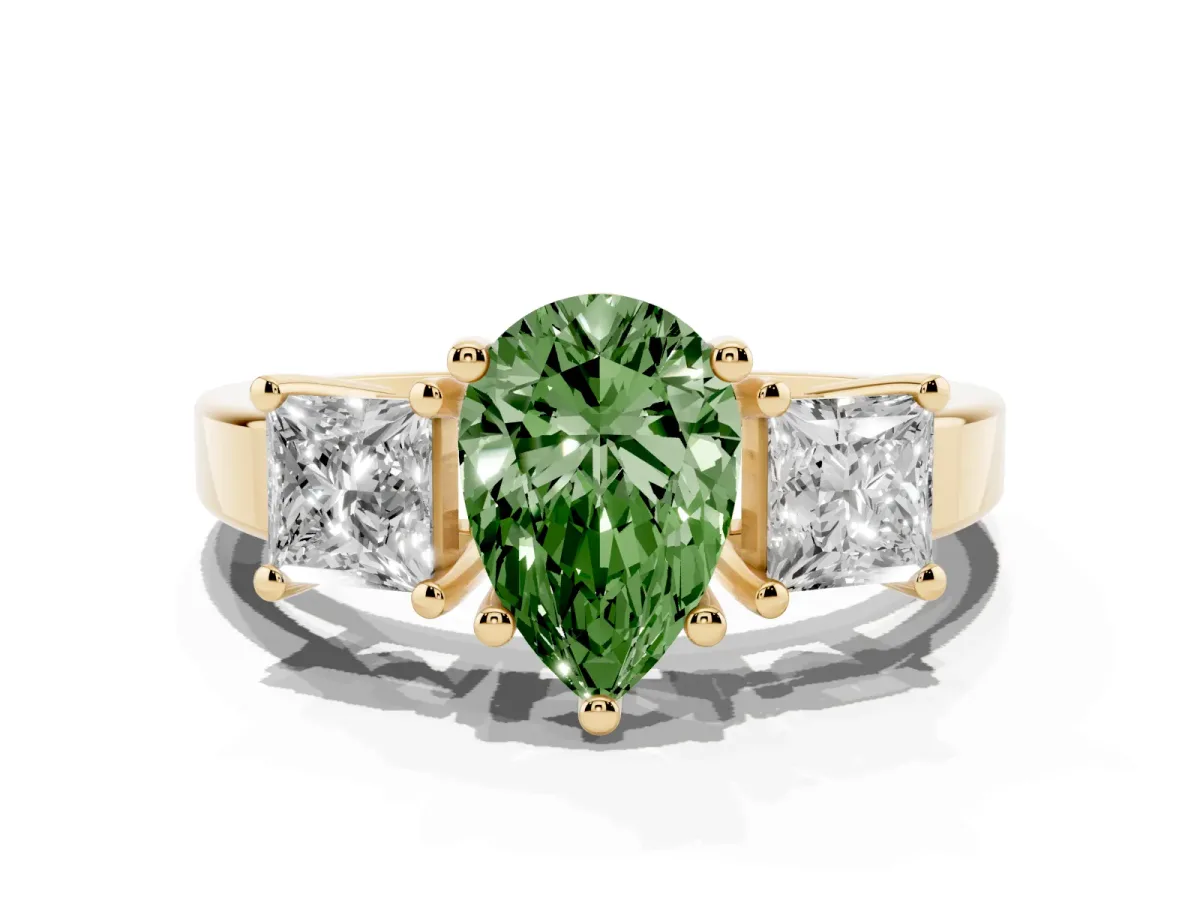 Fancy Green Three-Stone Pear Cut Cut Solitaire Ring with Prong Setting Yellow gold