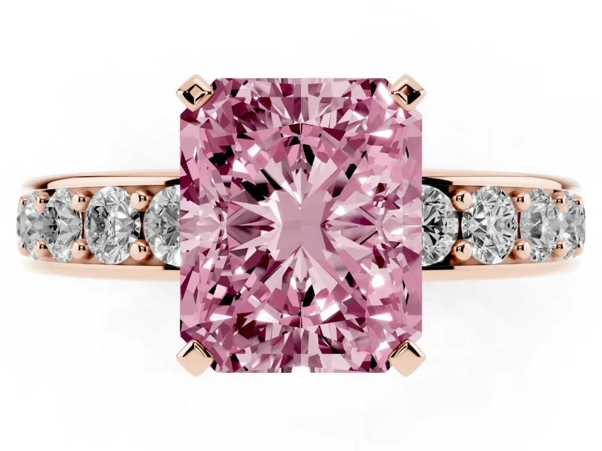 Fancy Pink Radiant Cut Diamond Engagement Ring with Channel Set Round Band and Prong Setting Rose gold