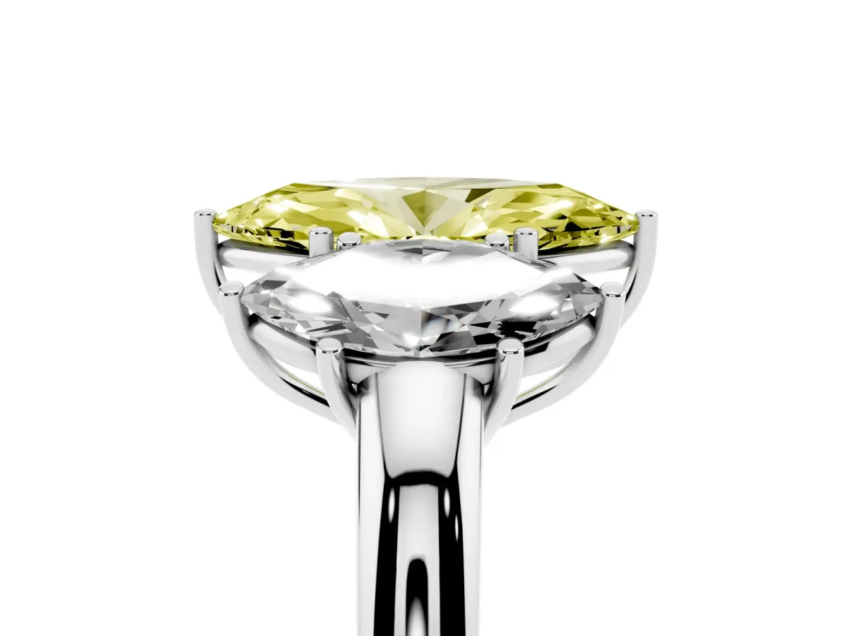 Fancy Yellow Marquise Cut Diamond Three-Stone Ring with Four-Prong Setting and Classic Band Silver