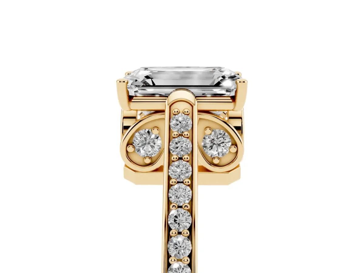 Emerald Cut Cut Cathedral Pave Diamond Engagement Ring with Six-Prong Setting Yellow gold
