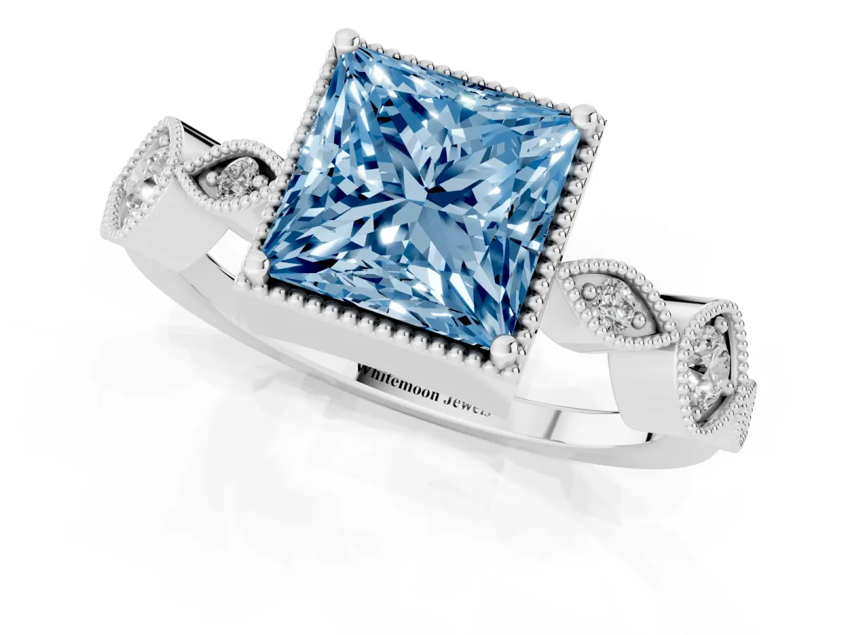 Fancy Blue Princess Cut Diamond Vintage Milgrain Ring with Round Stations Silver