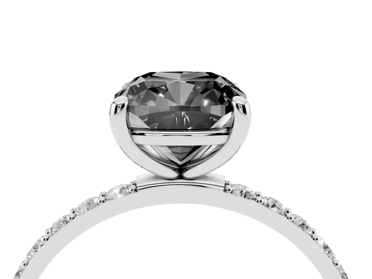 Fancy Black Cushion Cut Diamond Solitaire Ring with Round Pavé Band and Prong Setting Silver