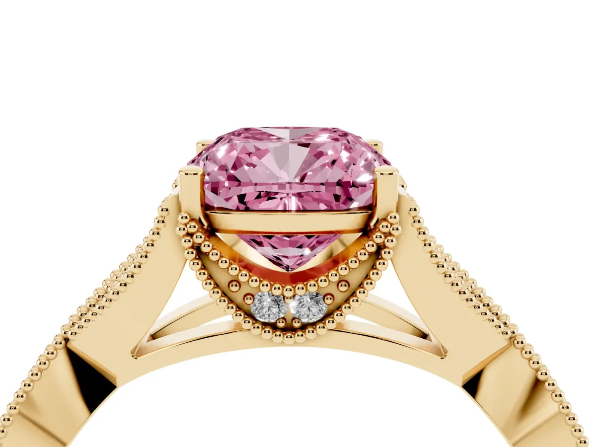 Fancy Pink Cushion Cut Cut Diamond Twisted Band with Milgrain Pave Setting and Four-Prong Setting Yellow gold
