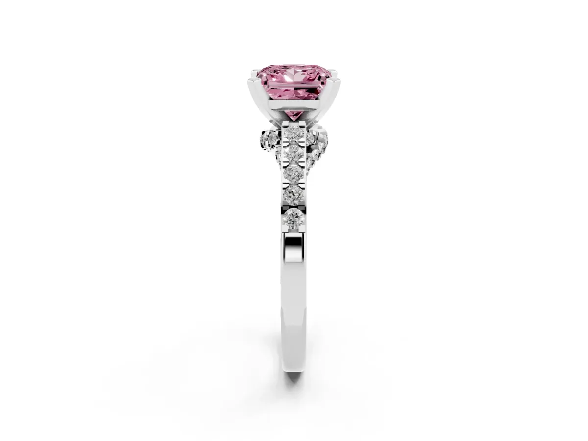 Fancy Pink Princess Cut Diamond Solitaire Ring with Crossover Gallery and Round Pavé Band Silver