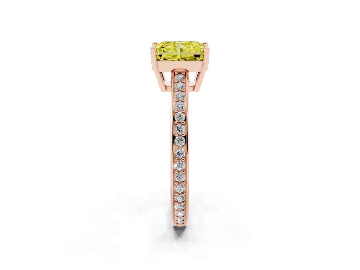 Fancy Yellow Radiant Cut Solitaire Pavé Band Prong Setting Ring Rose gold