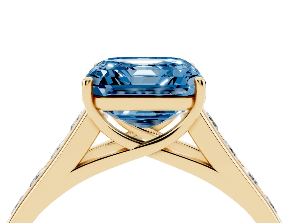 Fancy Blue Asscher Cut Solitaire Channel-Set Diamond Engagement Ring with Four-Prong Setting Yellow gold