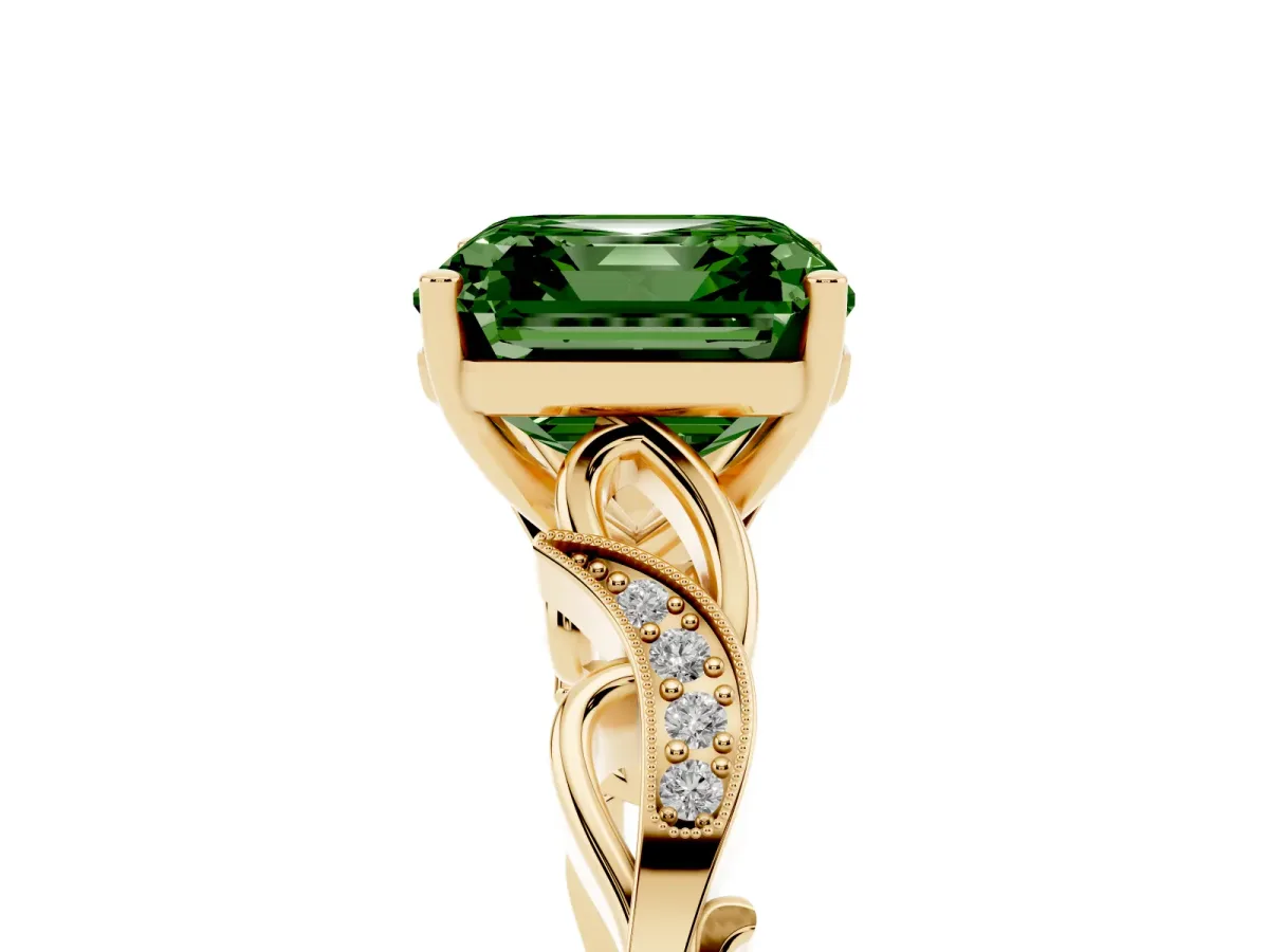 Fancy Green Asscher Cut Solitaire Vine Band with Milgrain Prong Setting Yellow gold