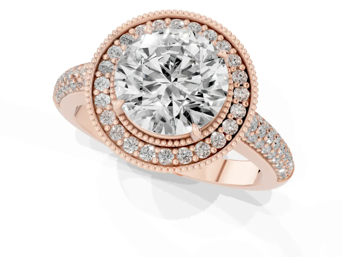 Round Cut Cut Halo Diamond Pave Band with Four-Prong Setting Rose gold