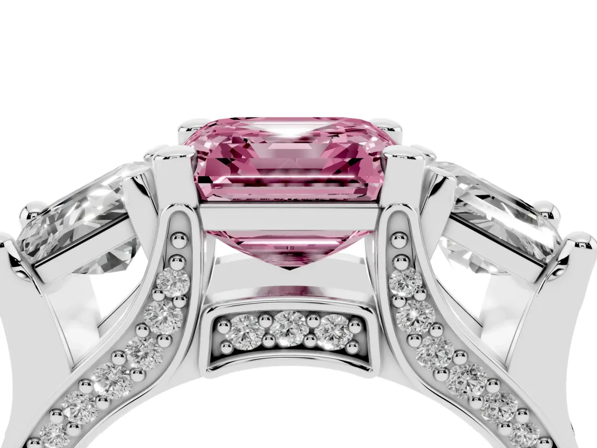 Fancy Pink Asscher Cut Diamond Three-Stone Ring with Channel Set Band and Four-Prong Setting Silver