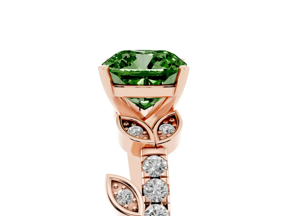 Fancy Green Cushion Cut Solitaire Leaf-Inspired Diamond Ring with Pavé Band and Four-Prong Setting Rose gold