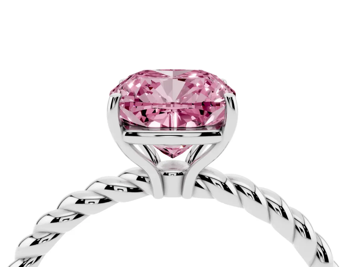 Fancy Pink Cushion Cut Solitaire Twist Band Ring with Four-Prong Setting Platinum