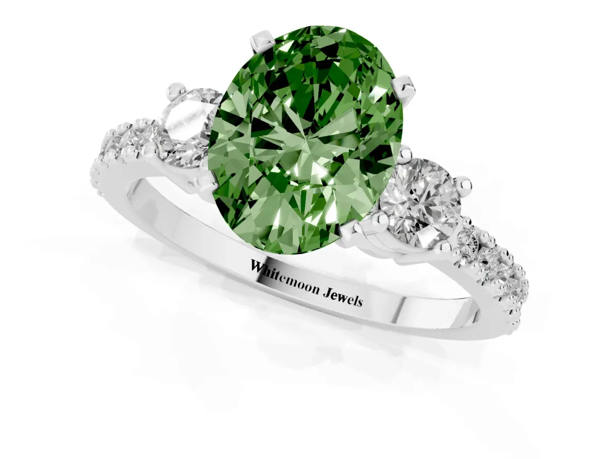 Fancy Green Oval Cut Three-Stone Diamond Pavé Band with Prong Setting Platinum