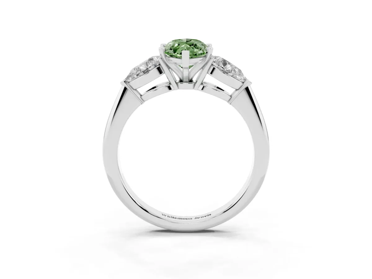 Fancy Green Three-Stone Marquise Cut Diamond Ring with Pear Side Stones and Four-Prong Setting Silver