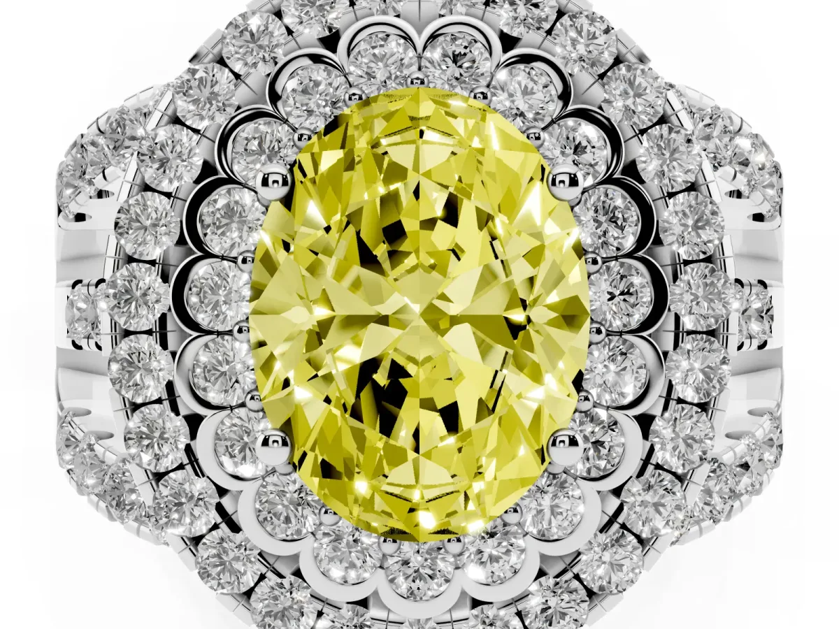 Fancy Yellow Oval Cut Diamond Double Halo Ring with Round Pavé Split Shank and Prong Setting Silver