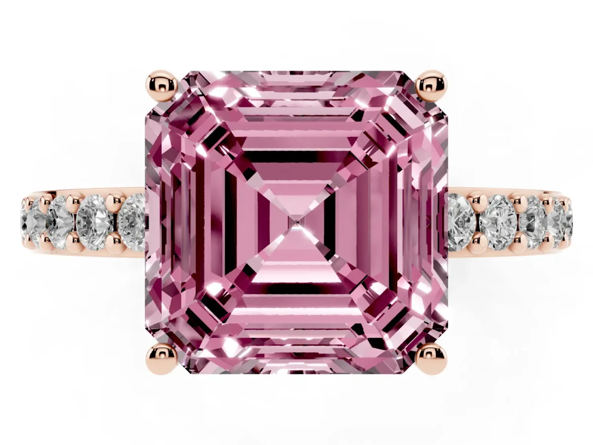 Fancy Pink Asscher Cut Cut Diamond Solitaire with Pave Band and Four-Prong Setting Rose gold