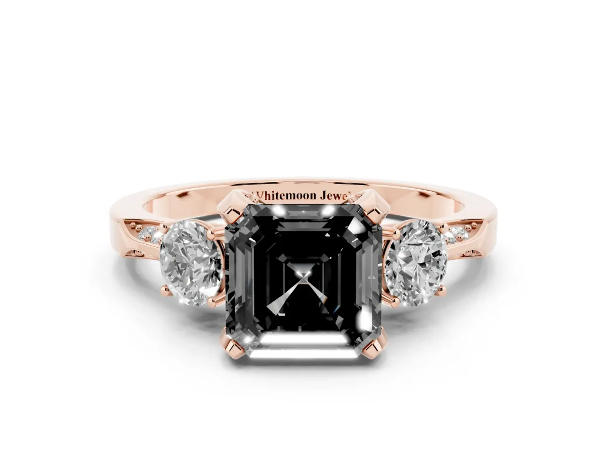 Fancy Black Asscher Cut Brilliant Three-Stone Diamond Ring with Pavé Band and Four-Prong Setting Rose gold