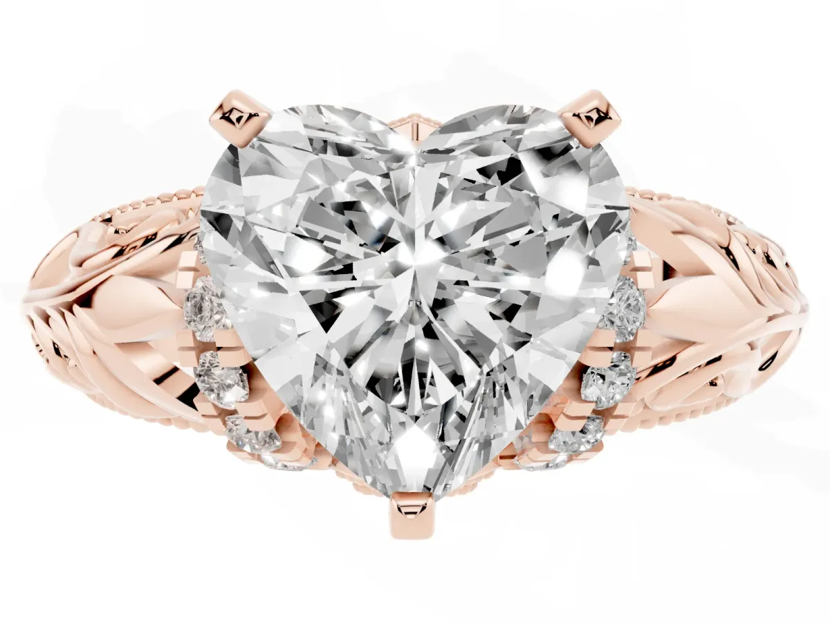 Heart Cut Solitaire Filigree Engagement Ring with Halo and Prong Setting Rose gold