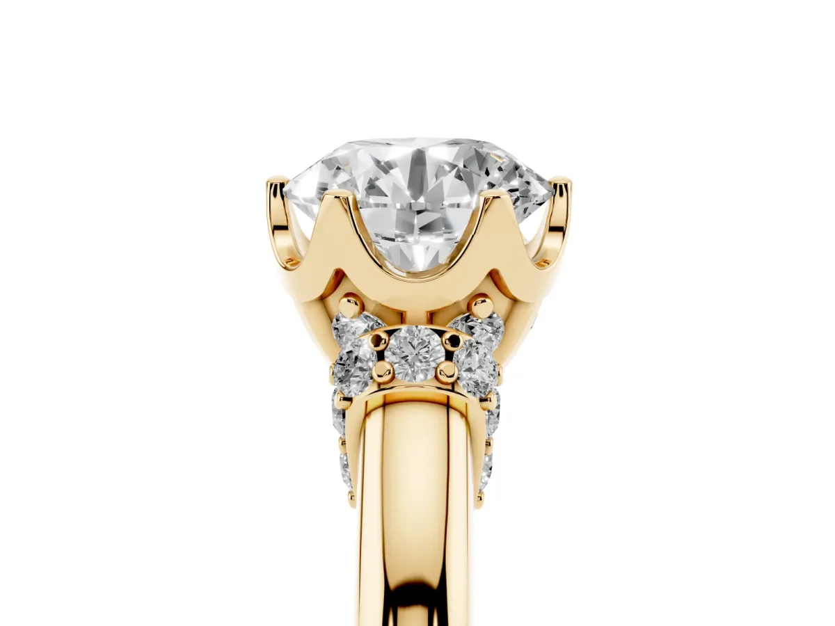 Round Cut Brilliant Solitaire Cathedral Engagement Ring with Pave Accents Yellow gold