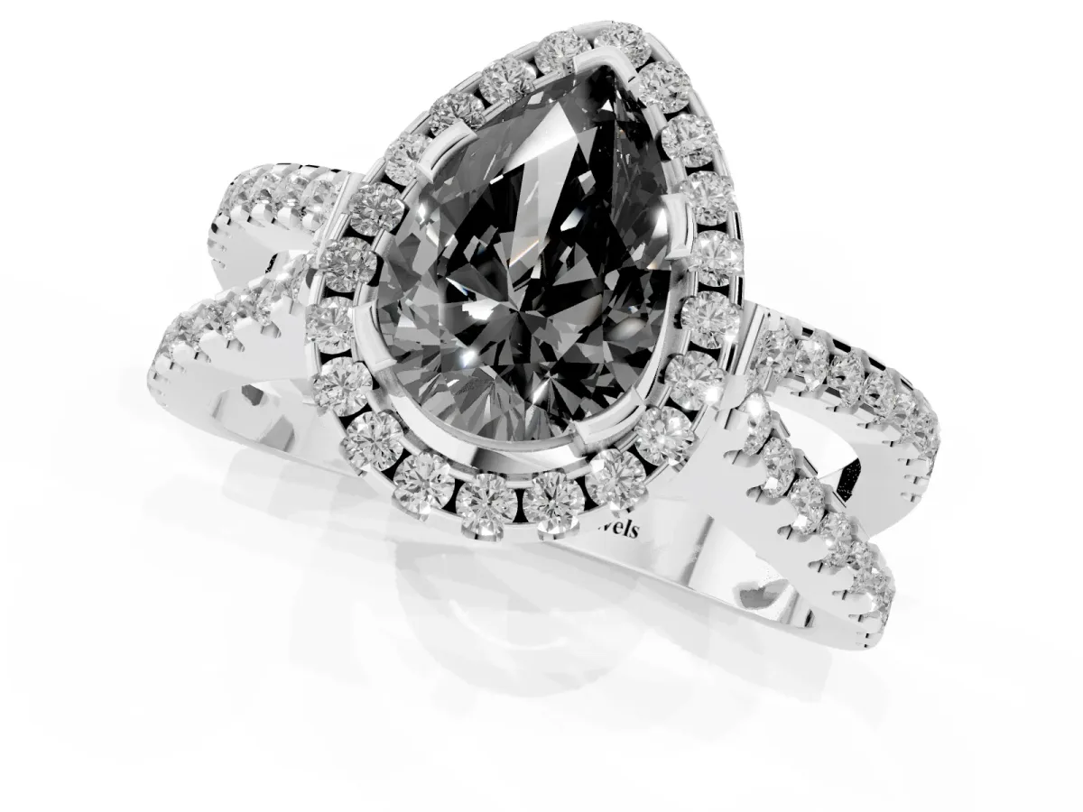 Fancy Black Pear Cut Diamond Halo Ring with Split Shank Pavé Band and Prong Setting Silver