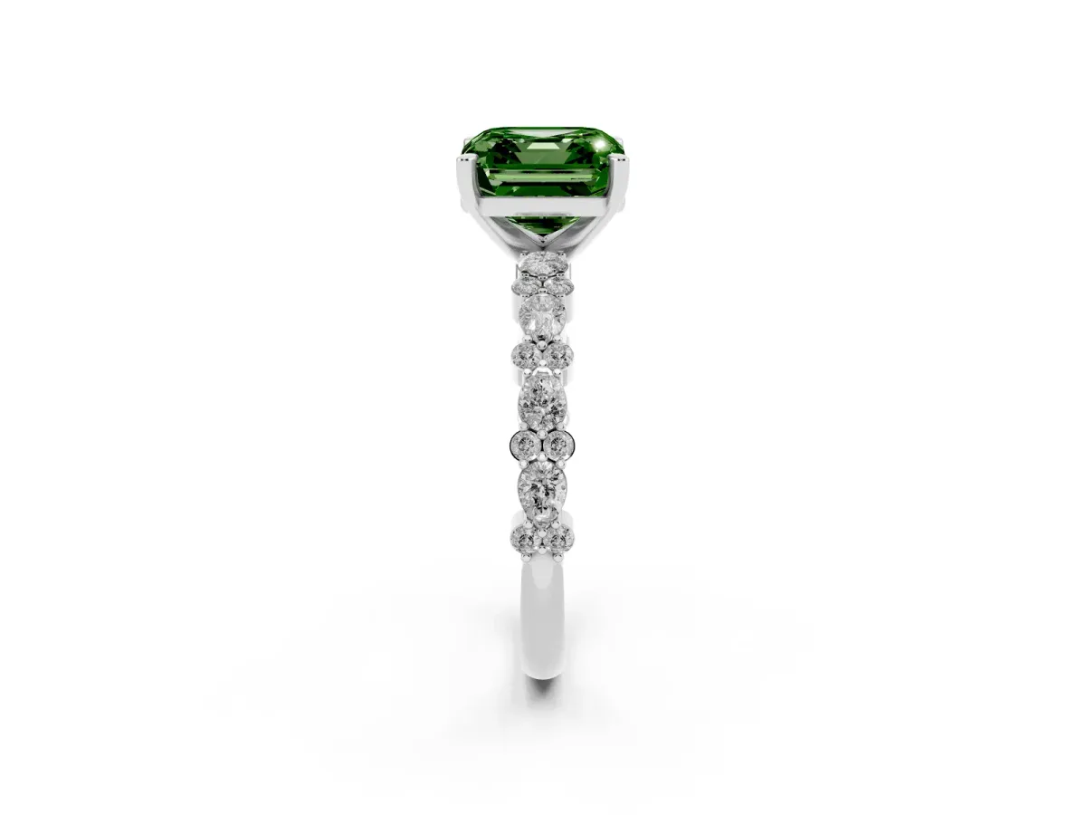 Fancy Green Asscher Cut Diamond Side Stone Solitaire Ring with Round and Four-Prong Setting Platinum