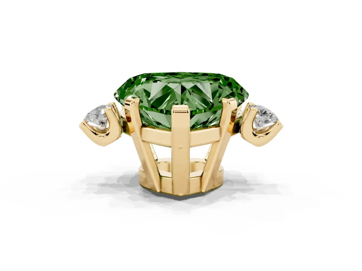 Fancy Green Heart Cut Cut Three-Stone Solitaire Ring with Round Accent Diamonds and Four-Prong Setting Yellow gold