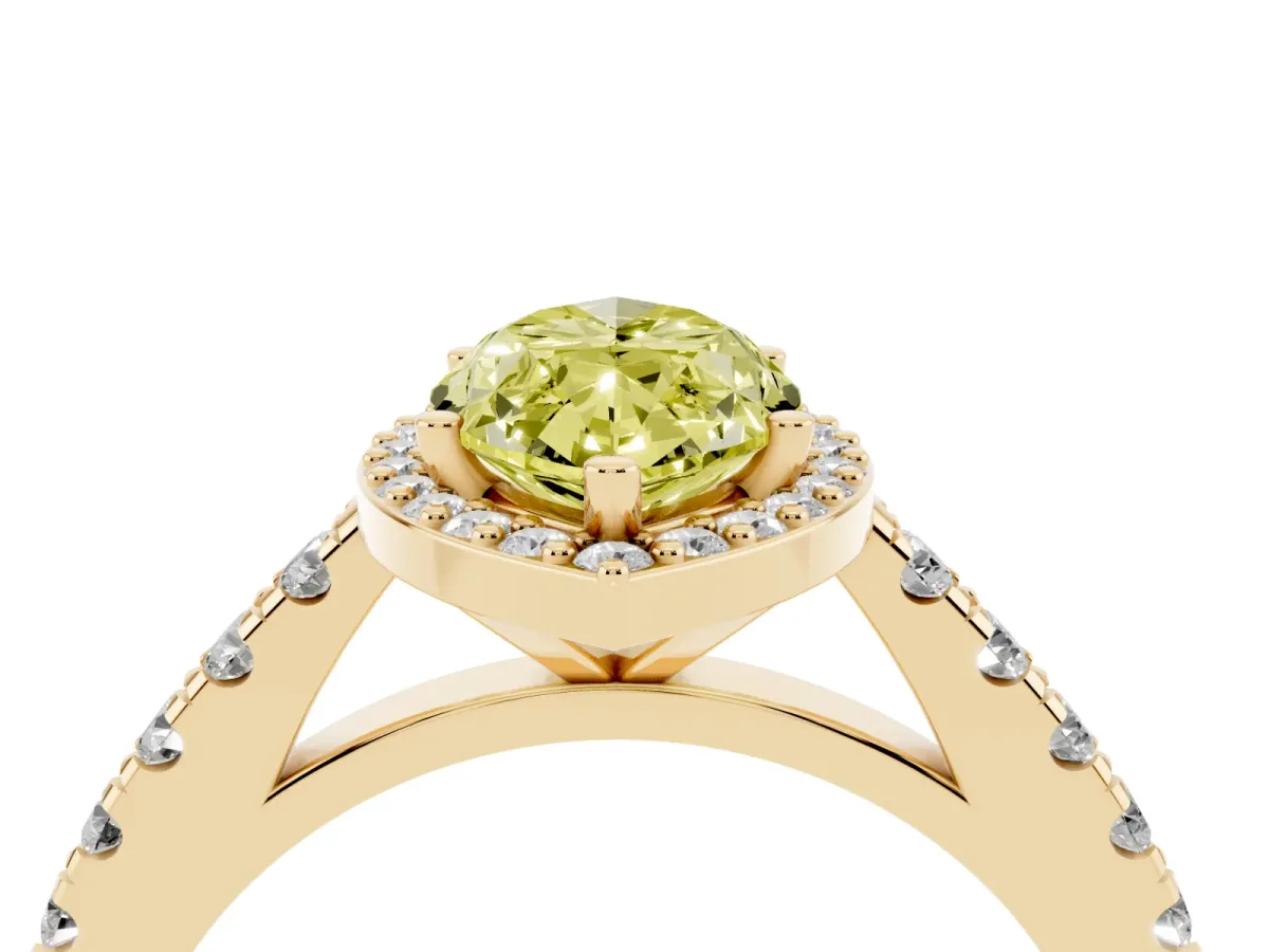 Fancy Yellow Marquise Cut Cut Halo Diamond Engagement Ring with Pave Band and Four-Prong Setting Yellow gold