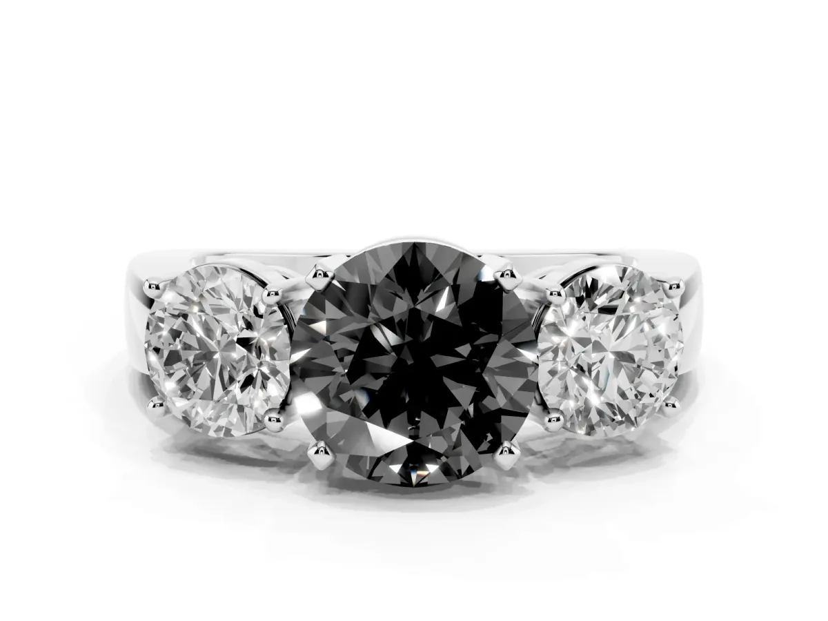 Fancy Black Three-Stone Round Cut Diamond Ring with Round Side Stones, Classic Band, and Four-Prong Setting Platinum