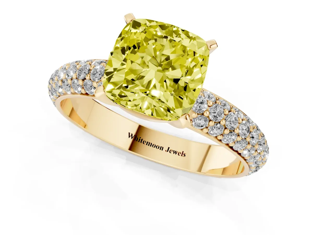 Fancy Yellow Cushion Cut Diamond Solitaire Ring with Prong Setting and Pavé Band Yellow gold