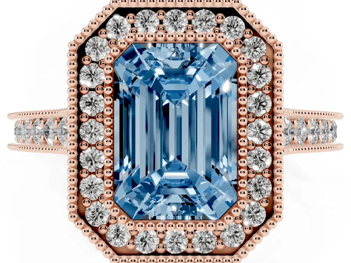 Fancy Blue Halo Emerald Cut-Cut Diamond Pave Band Milgrain Prong Setting Ring Rose gold