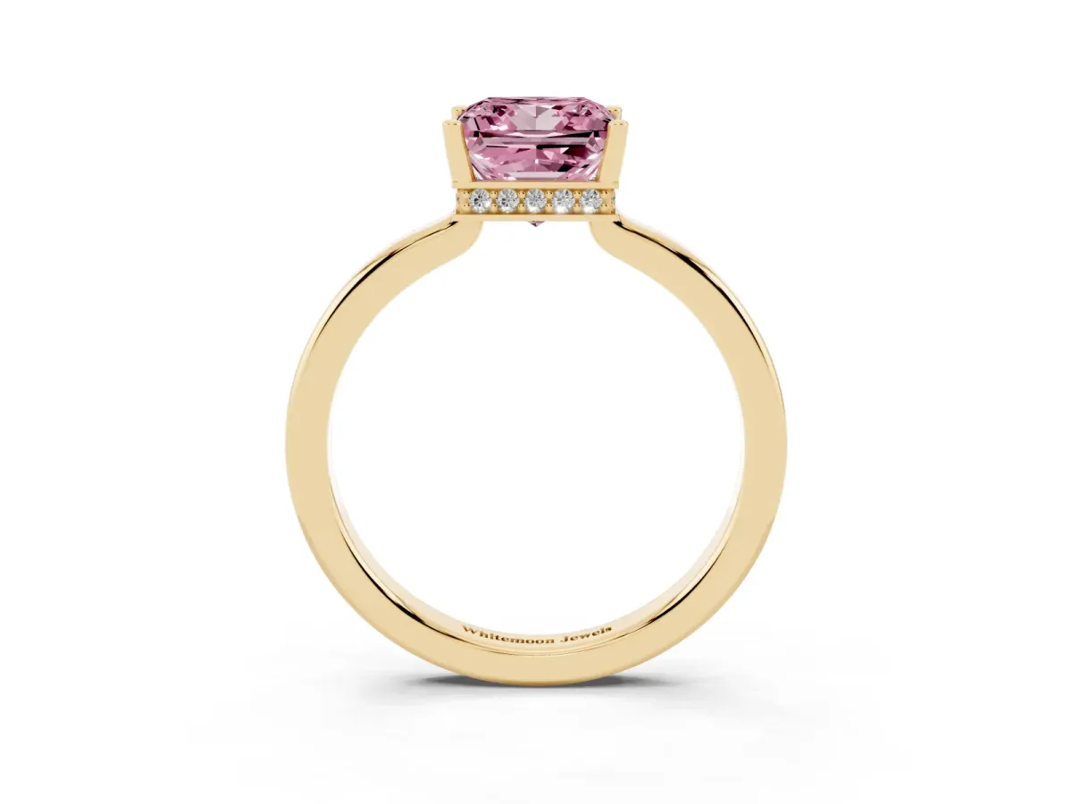 Fancy Pink Princess Cut Cut Solitaire Engagement Ring with Four-Prong Setting on a Classic Band Yellow gold