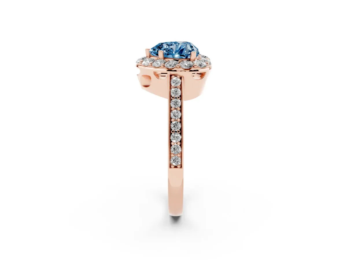 Fancy Blue Heart Cut Diamond Floral Halo Ring with Pavé Band and Prong Setting Rose gold