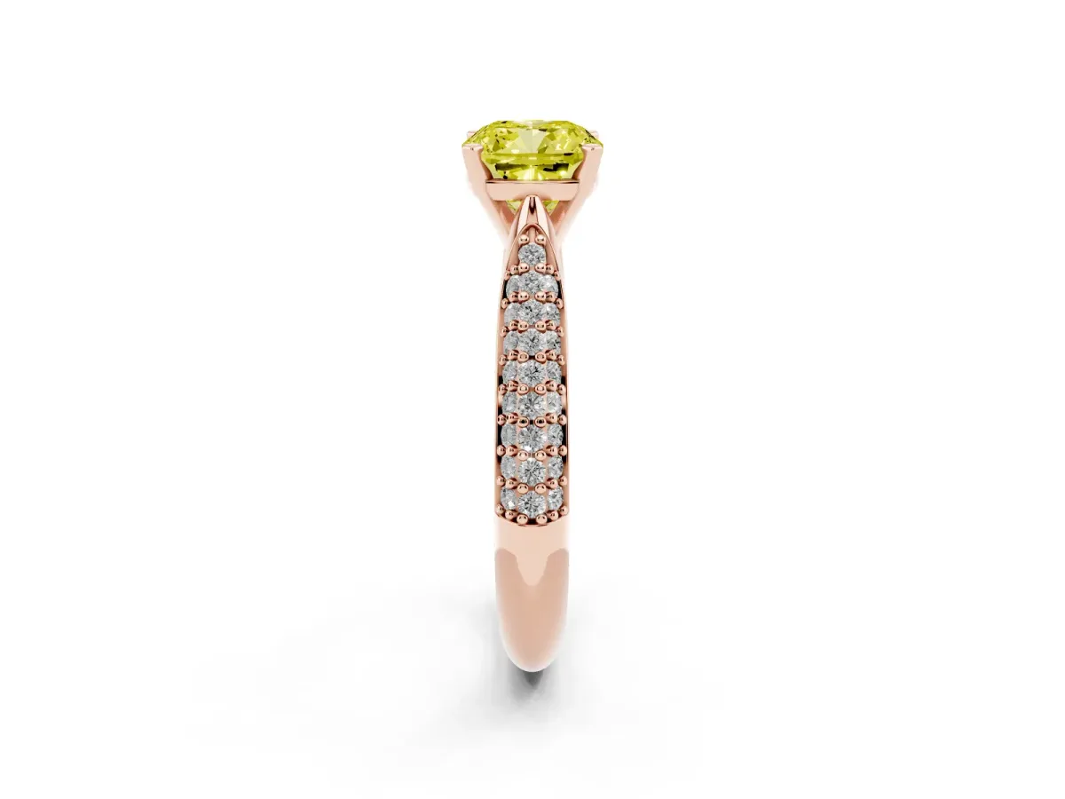 Fancy Yellow Cushion Cut Diamond Solitaire Engagement Ring with Multi-Row Round Pavé Band and Prong Setting Rose gold