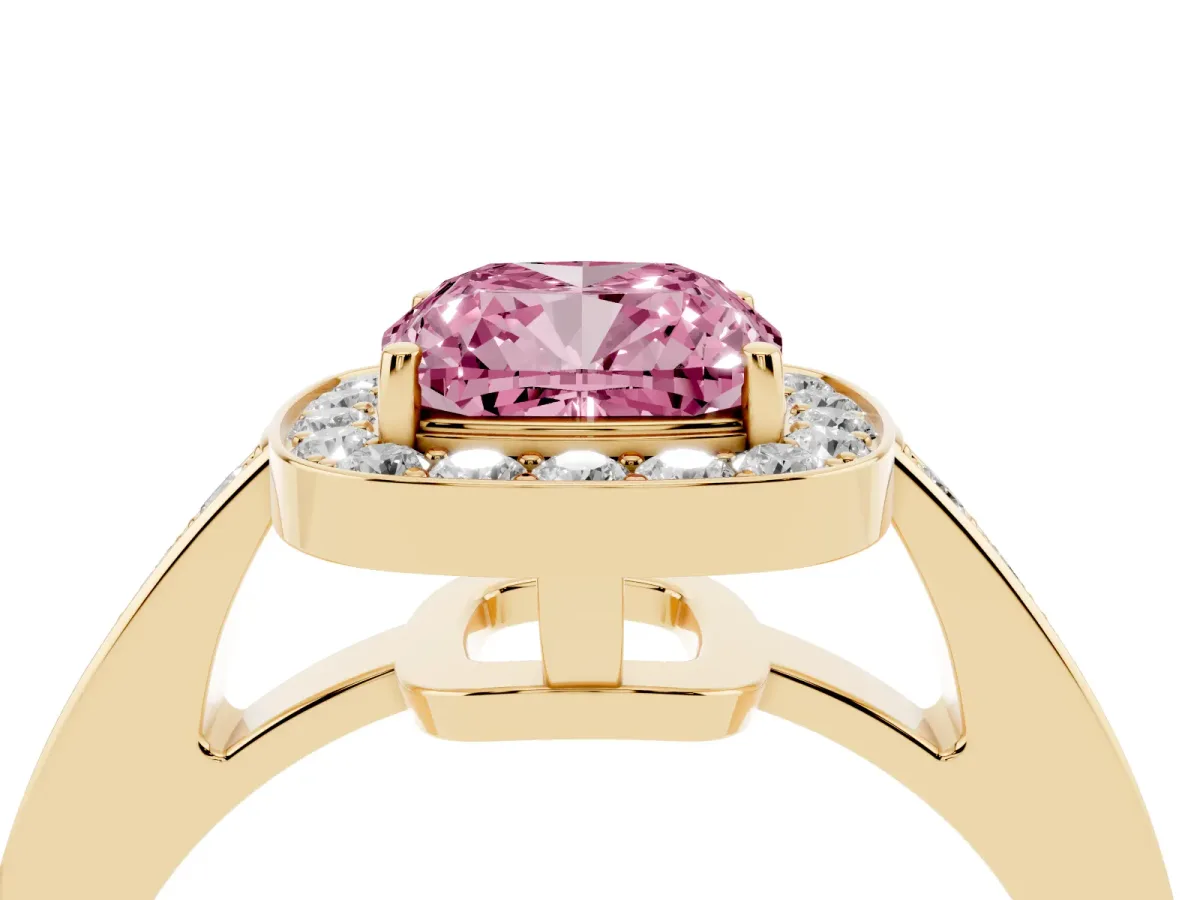 Fancy Pink Cushion Cut Halo Pavé Diamond Engagement Ring with Bezel Setting Yellow gold