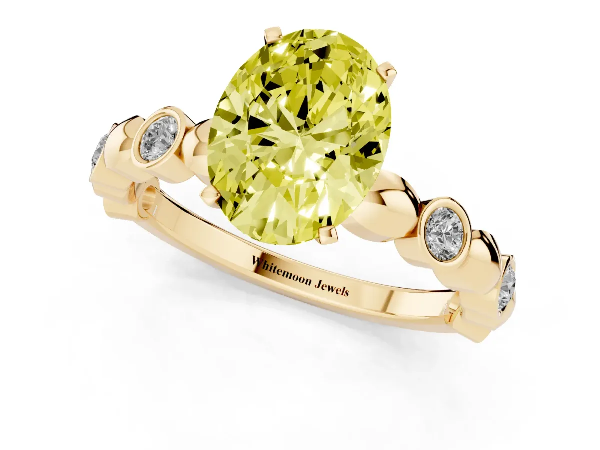 Fancy Yellow Oval Cut Solitaire Bezel-Set Diamond Ring with Beaded Band and Four-Prong Setting Yellow gold