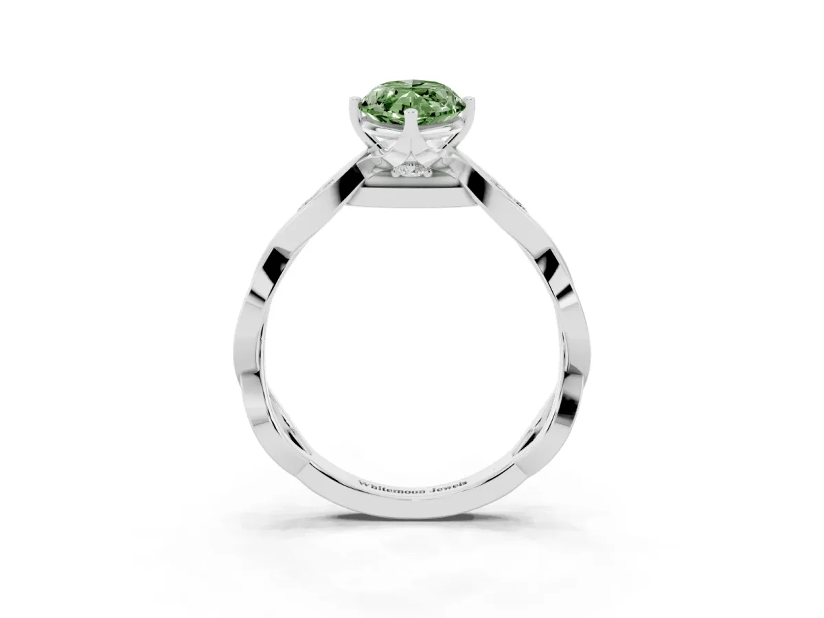 Fancy Green Marquise Cut Solitaire Twist Band with Leaf Prong Setting Silver