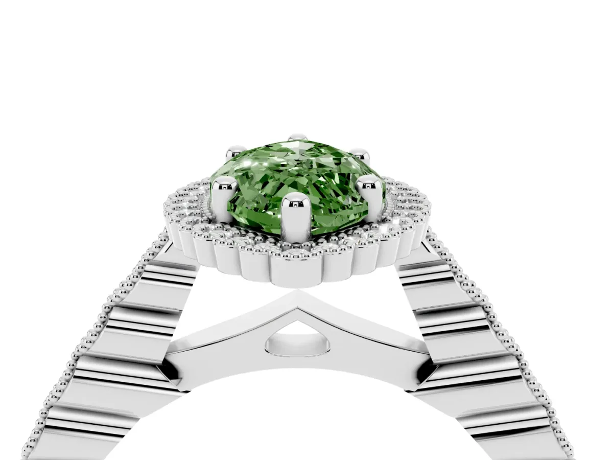 Fancy Green Marquise Cut Cut Halo Pavé Solitaire Ring with Milgrain Band Silver