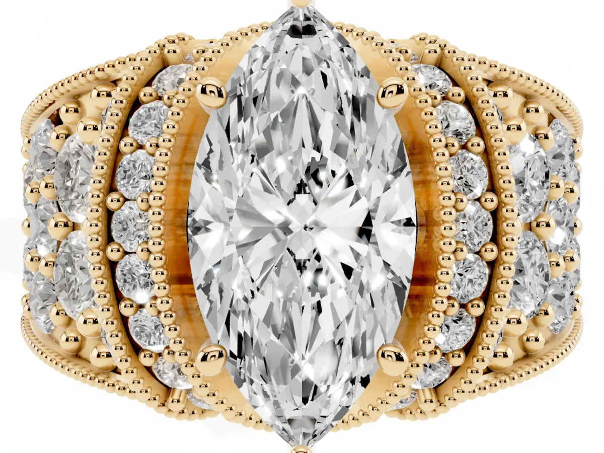 Marquise Cut Halo Pave Diamond Engagement Ring with Milgrain Detailing Yellow gold