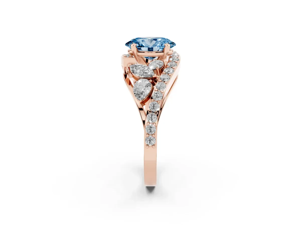 Fancy Blue Oval Cut Diamond Halo Ring with Marquise and Pavé Band in Prong Setting Rose gold