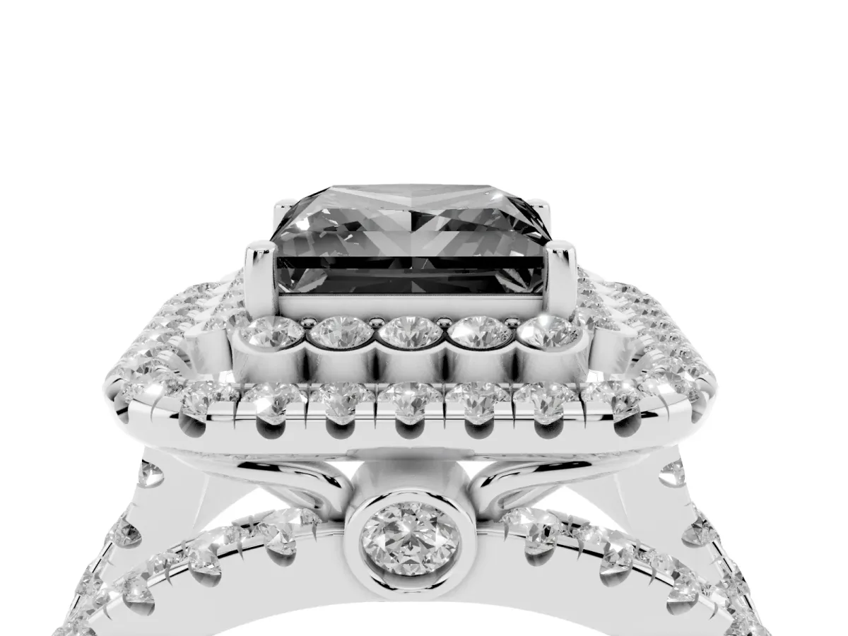 Fancy Black Princess Cut Diamond Double Halo Ring with Round Pavé Split Shank and Prong Setting Silver