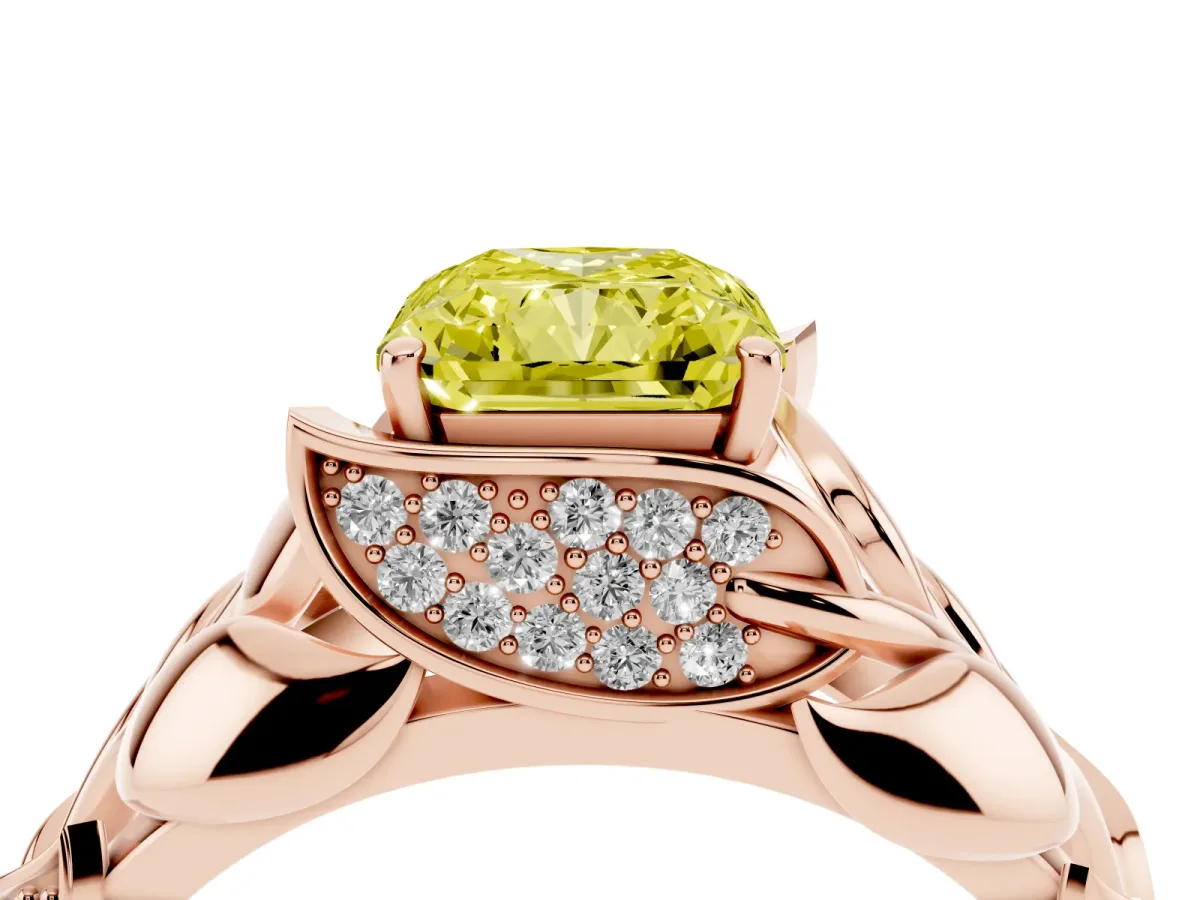 Fancy Yellow Radiant Cut Diamond Leaf-Inspired Engagement Ring with Round Accents and Prong Setting Rose gold