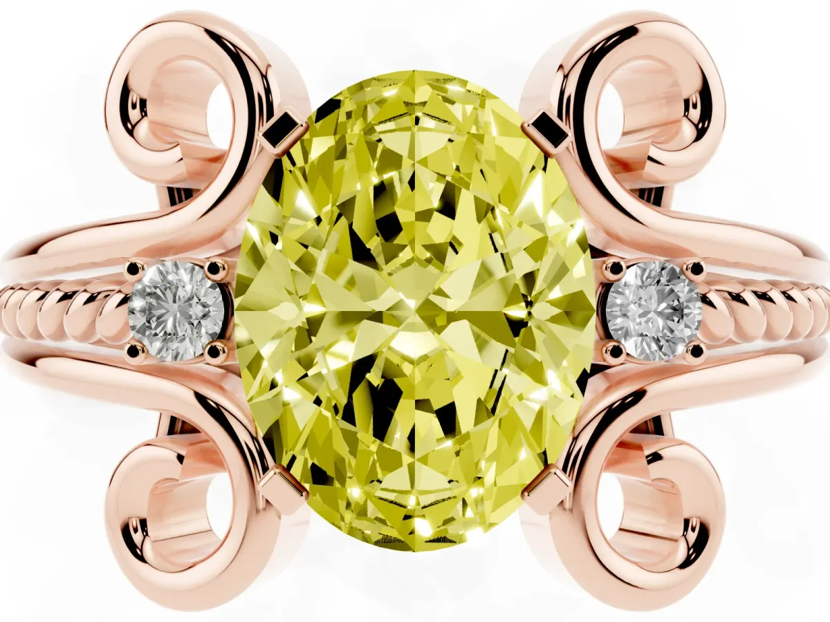 Fancy Yellow Oval Cut Solitaire Twisted Band Scroll Prong Ring Rose gold